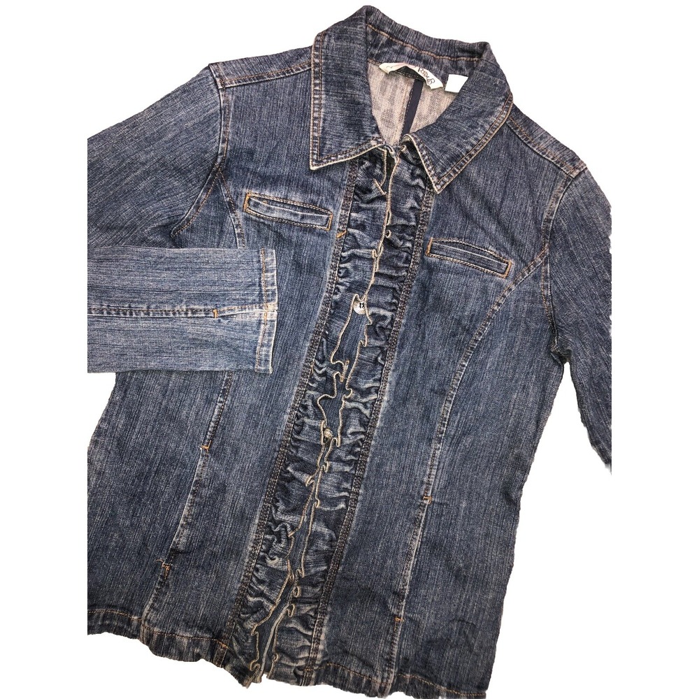 RXB Denim Jacket Women's S Blue Stone Wash Ruffle Stretch NEW *missing button